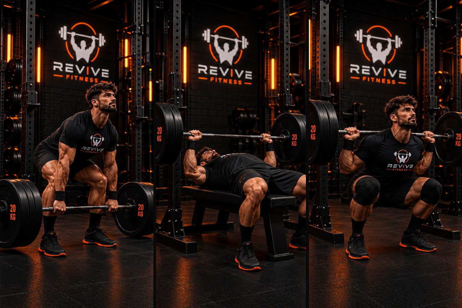The big three powerlifting movements: deadlift, bench, squat