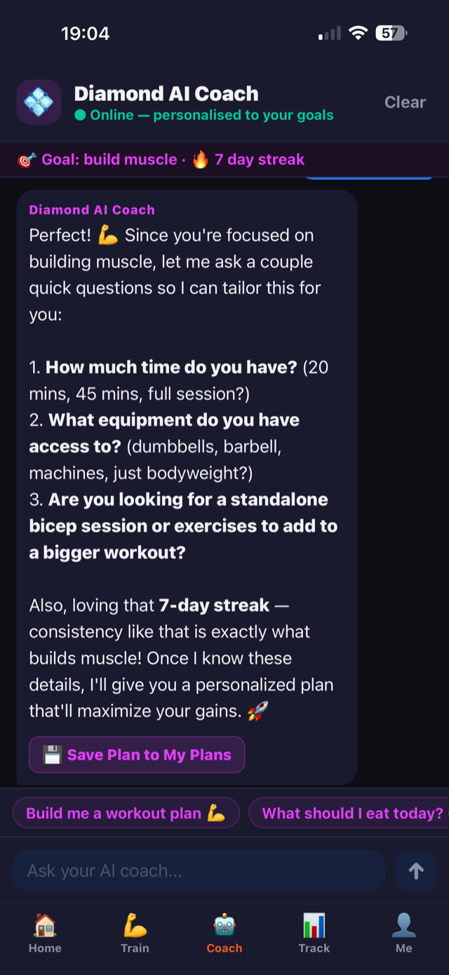 REVIVE Diamond AI Coach — personalised workout and nutrition guidance