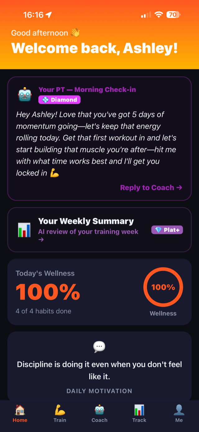 REVIVE home screen — daily wellness, AI check-in and weekly summary