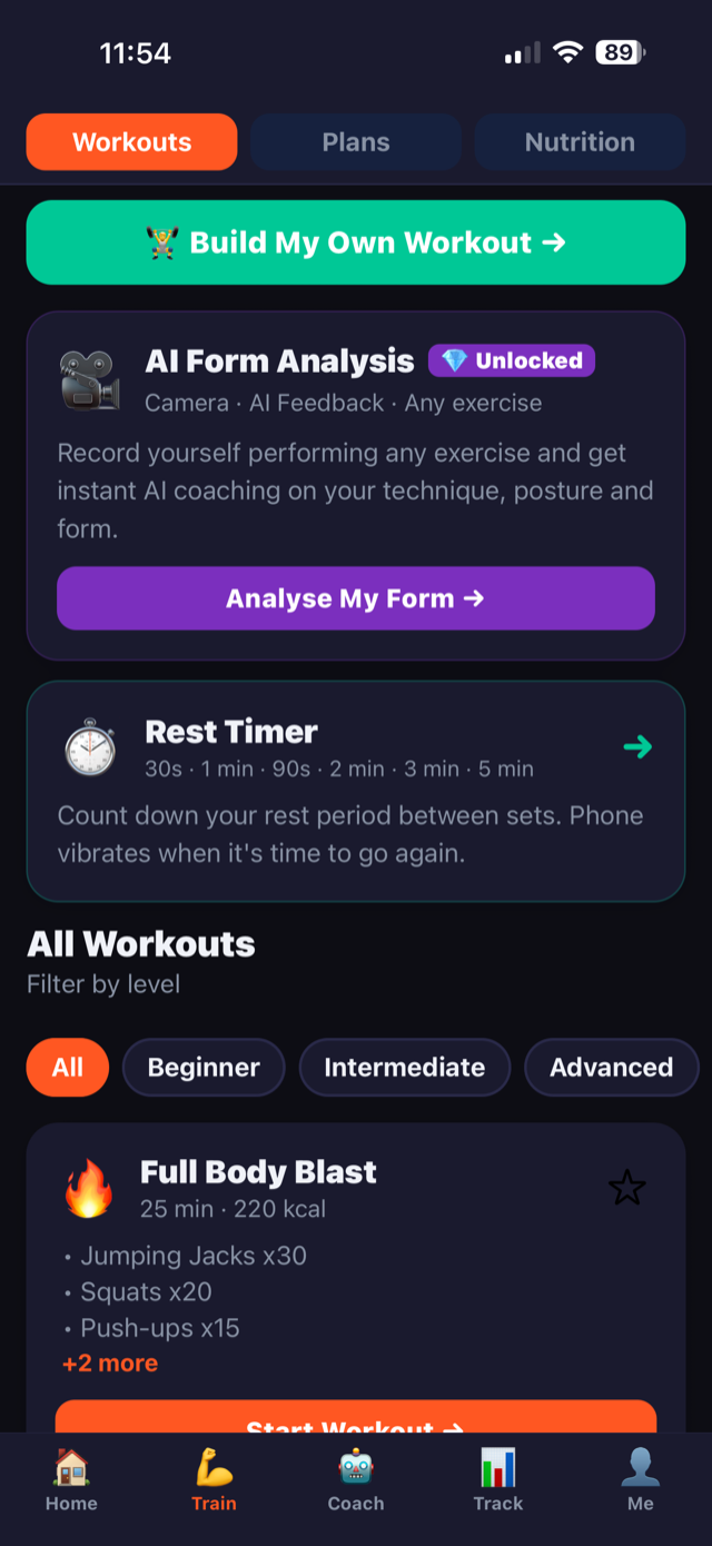 REVIVE train screen — workouts, AI form analysis and rest timer