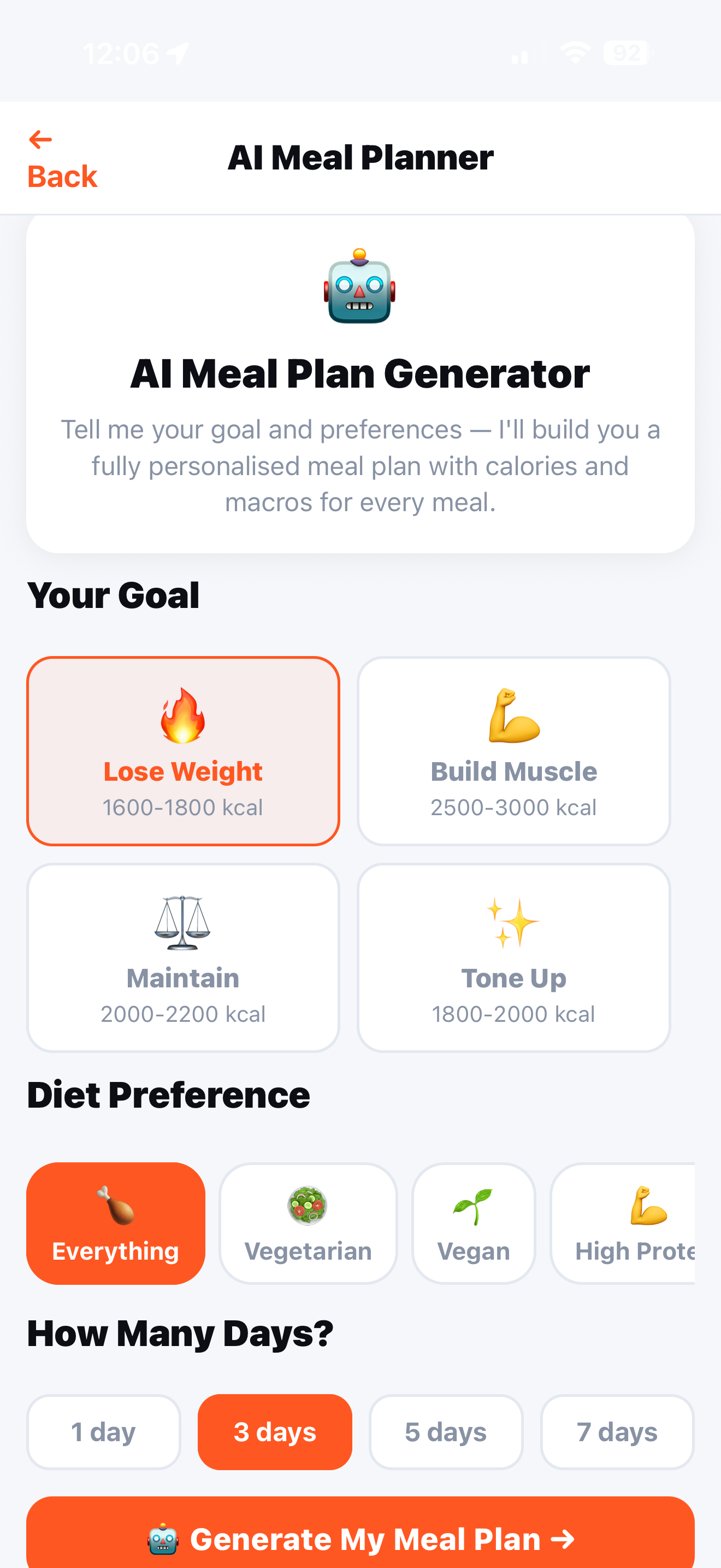 REVIVE AI meal planner screen