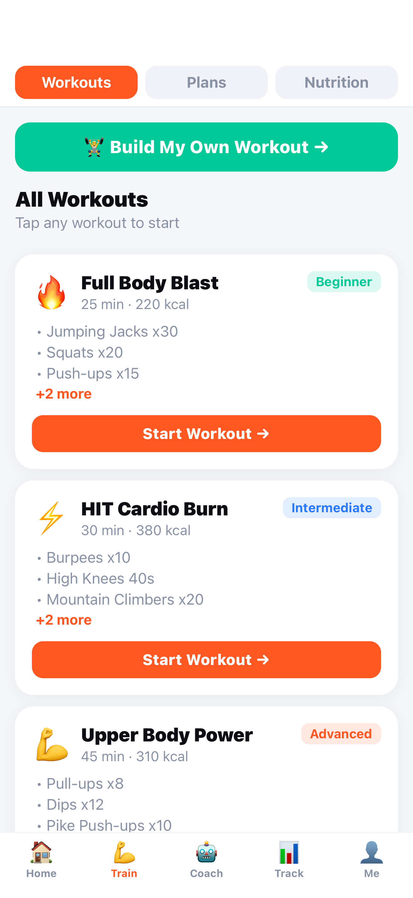 REVIVE workouts screen
